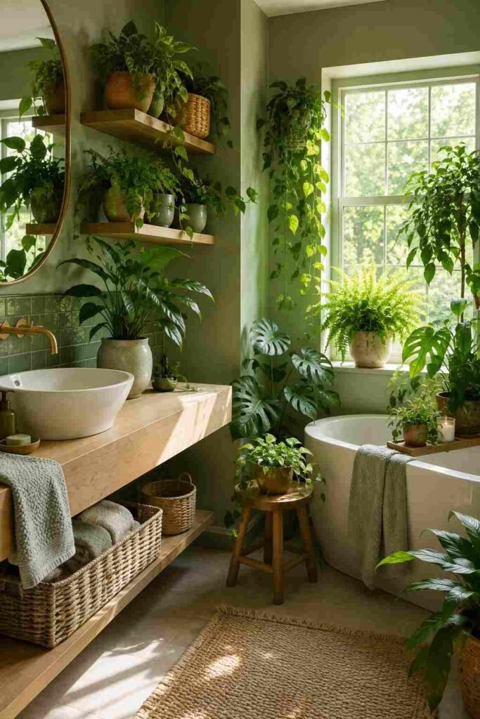  Green bathroom filled with leafy plants, natural wood, woven baskets, and bright relaxing natural light.
