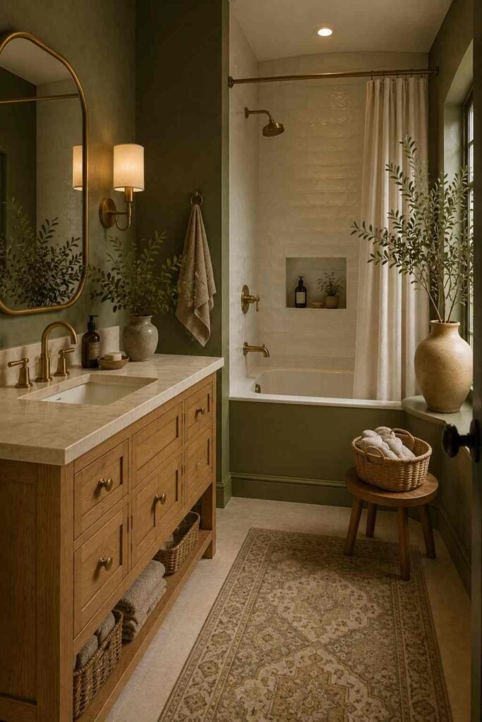 Green bathroom filled with leafy plants, natural wood, woven baskets, and bright relaxing natural light.
