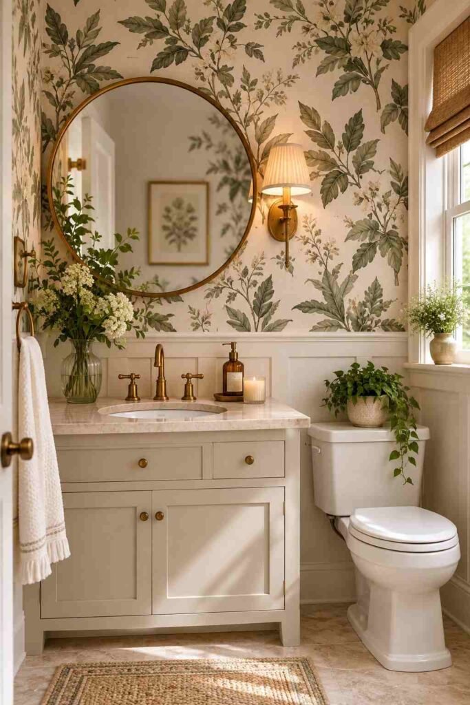 Elegant bathroom with botanical green wallpaper, white vanity, brass fixtures, and a soft garden-inspired style.
