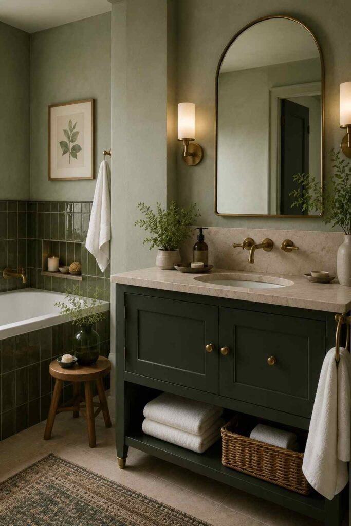  Layered green bathroom with sage walls, a forest green vanity, olive tile accents, wood, and brass details.

