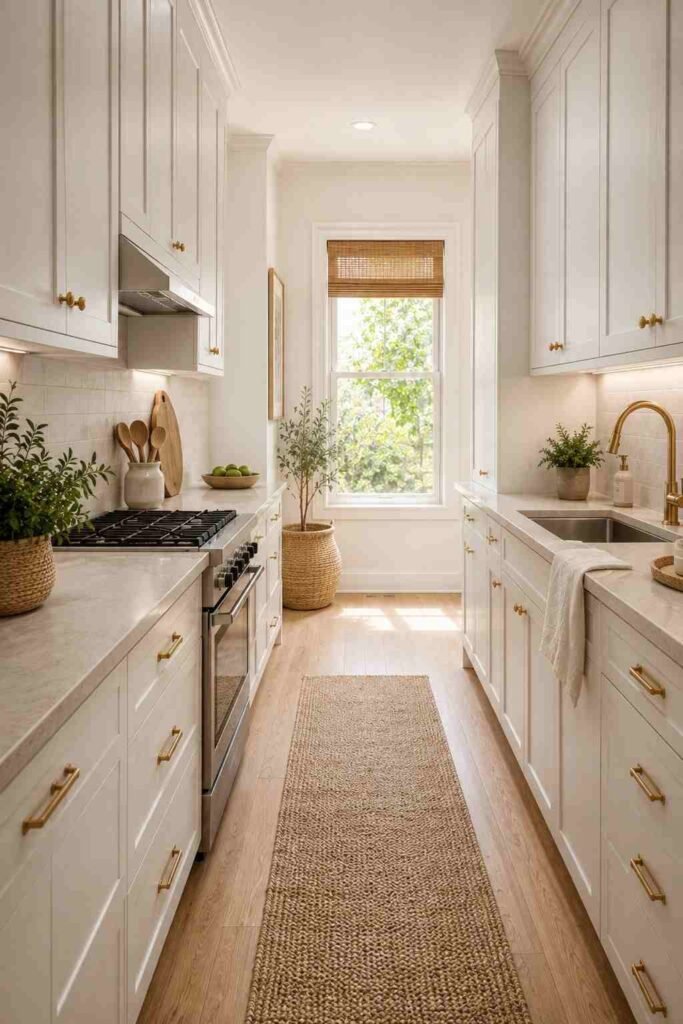 Bright and welcoming narrow galley kitchen with white cabinets and warm natural accents.
