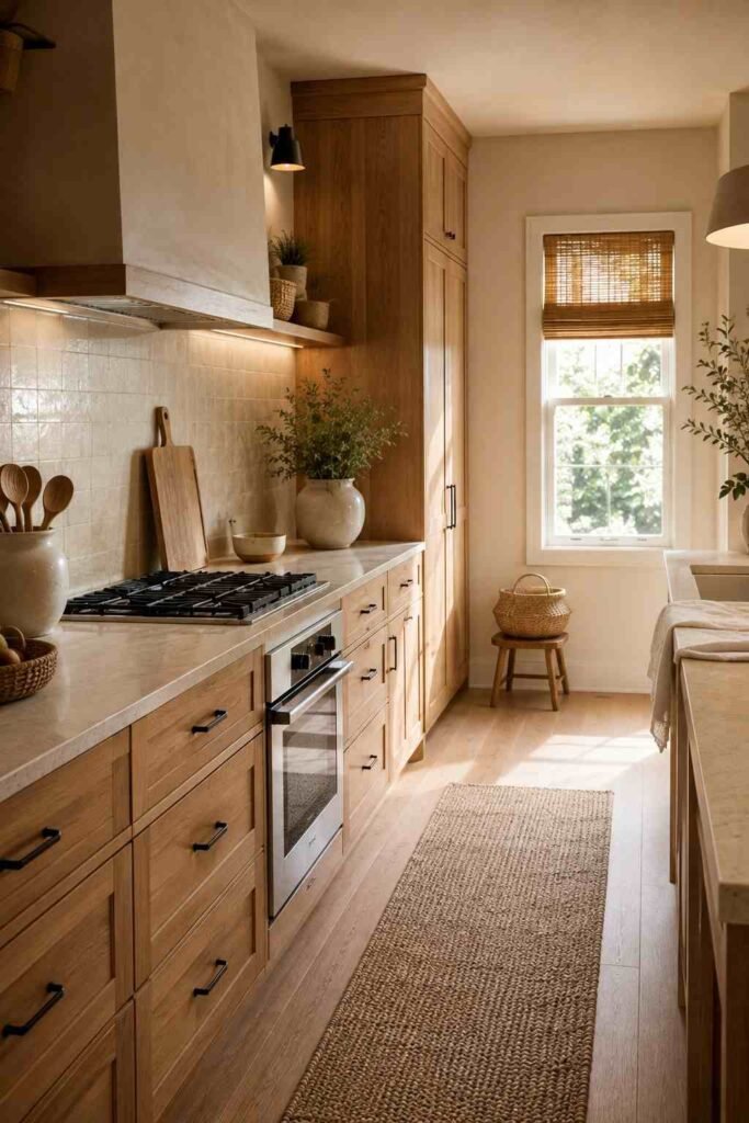 Bright galley kitchen with soft white cabinets, brass hardware, and light oak flooring.
