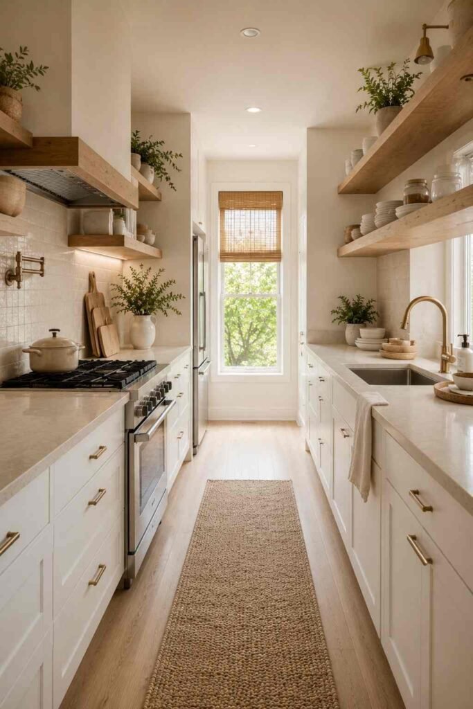 Cozy galley kitchen with warm oak cabinets, creamy walls, and natural textures.
