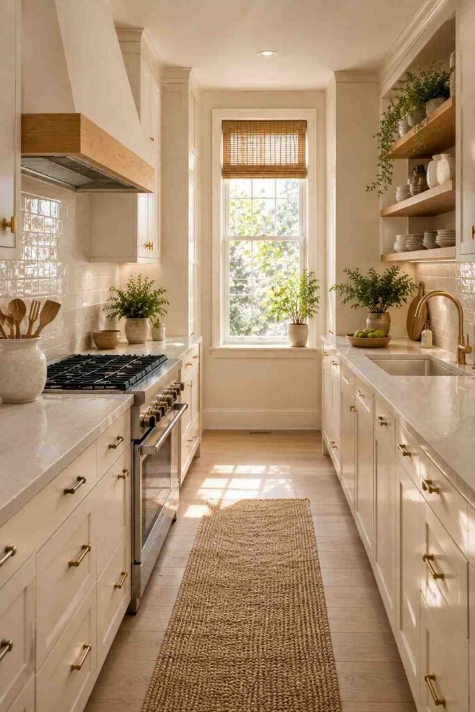 Elegant galley kitchen with reflective cream subway tile backsplash and light cabinets.
