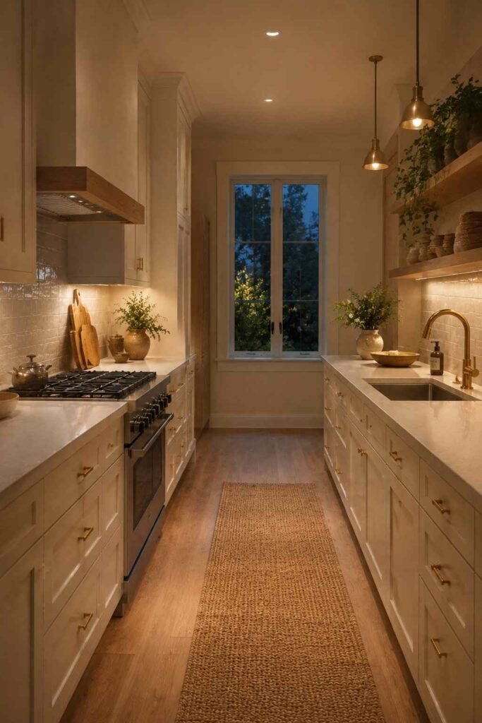 Cozy galley kitchen with layered ceiling, pendant, and under-cabinet lighting.