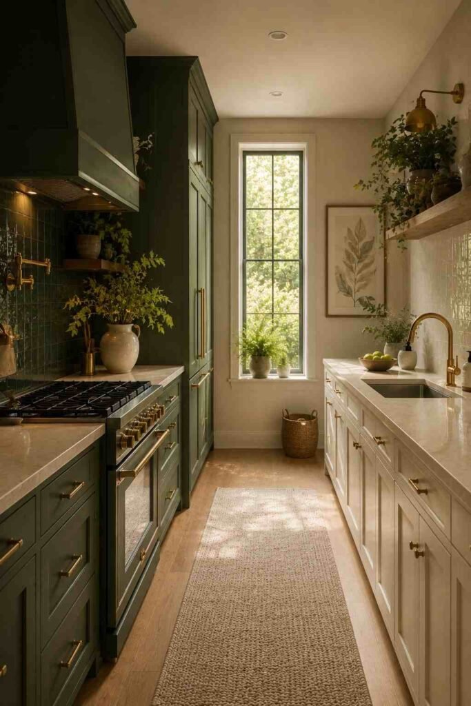 Elegant galley kitchen with deep green cabinets, brass hardware, and light countertops.
