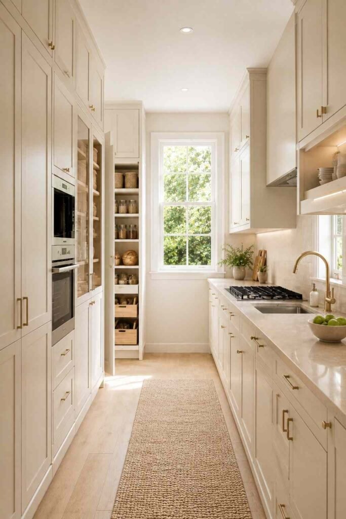 Functional galley kitchen with floor-to-ceiling cabinets and smart vertical storage.
