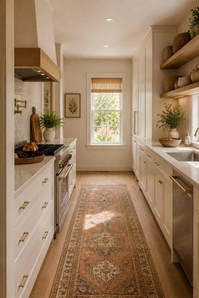 Galley kitchen with a slim vintage runner, cream cabinets, and warm natural accents.
