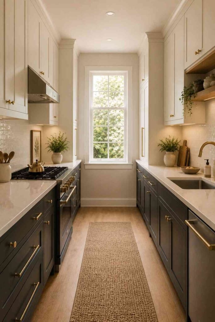 Galley kitchen with a slim vintage runner, cream cabinets, and warm natural accents.
