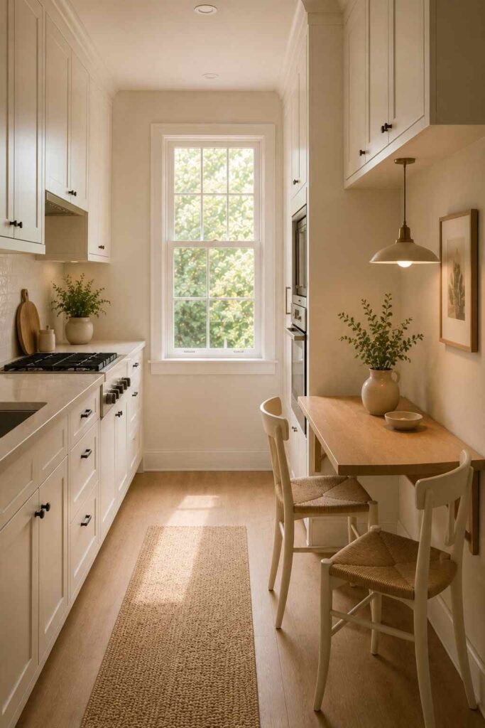 Galley kitchen with dark lower cabinets, white upper cabinets, and brass hardware.
