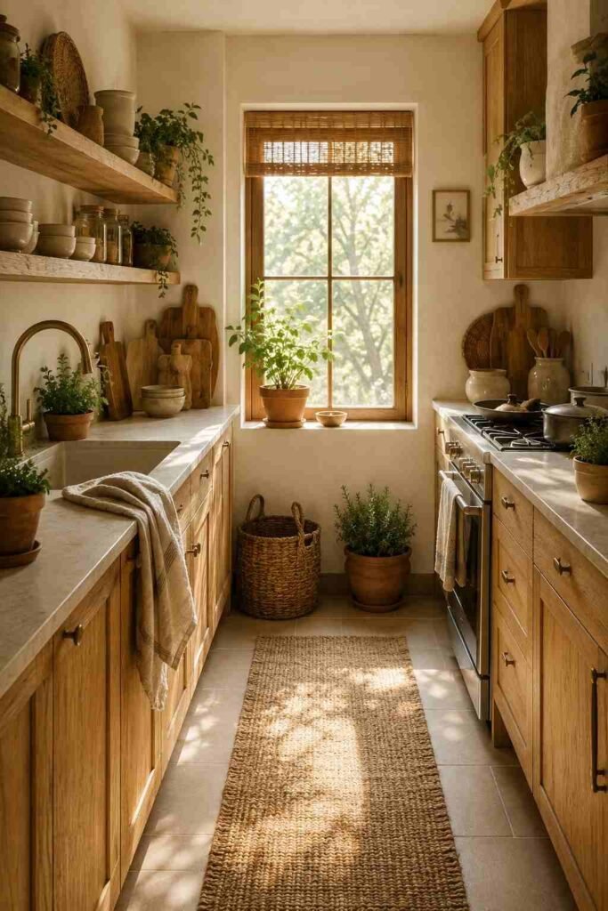 Organic galley kitchen decorated with natural wood, woven textures, ceramics, and greenery.
