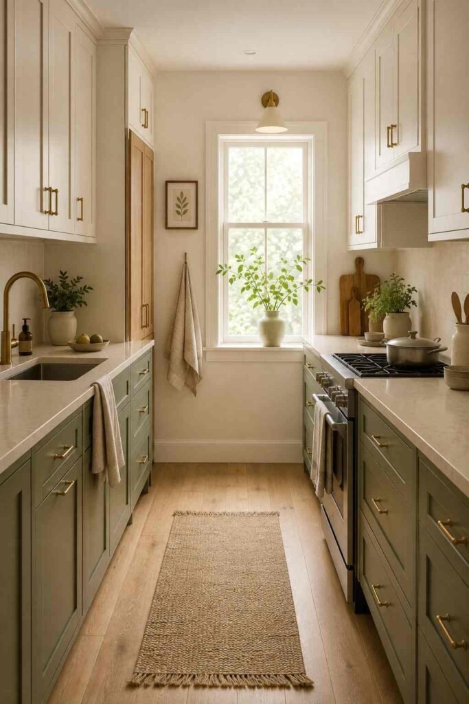 Two-tone galley kitchen with cream upper cabinets, sage green lower cabinets, and oak flooring.
