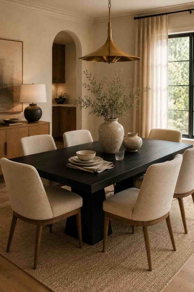 Black dining room table styled with cream upholstered chairs, brass lighting, and warm neutral decor.