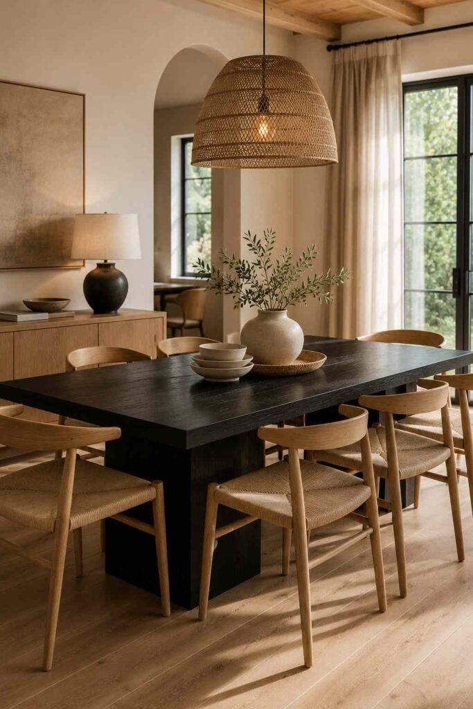 Modern black dining table paired with natural wooden chairs and warm neutral interior accents.