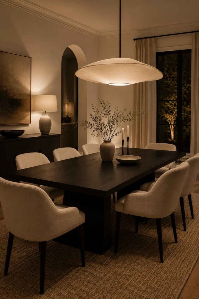 Black dining room table beneath a dramatic statement pendant light in an elegant modern dining room.