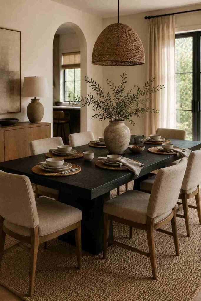 Black dining table surrounded by layered beige, ivory, taupe, and natural textured decor.