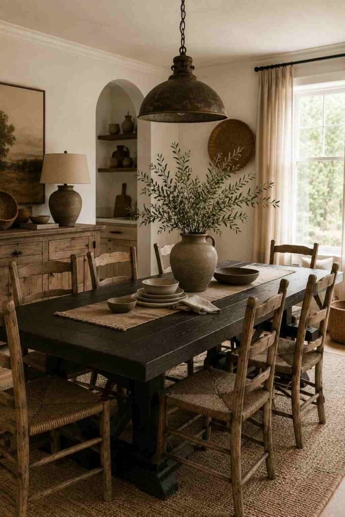 Rustic farmhouse dining room with a black dining table, wooden chairs, and natural accents.