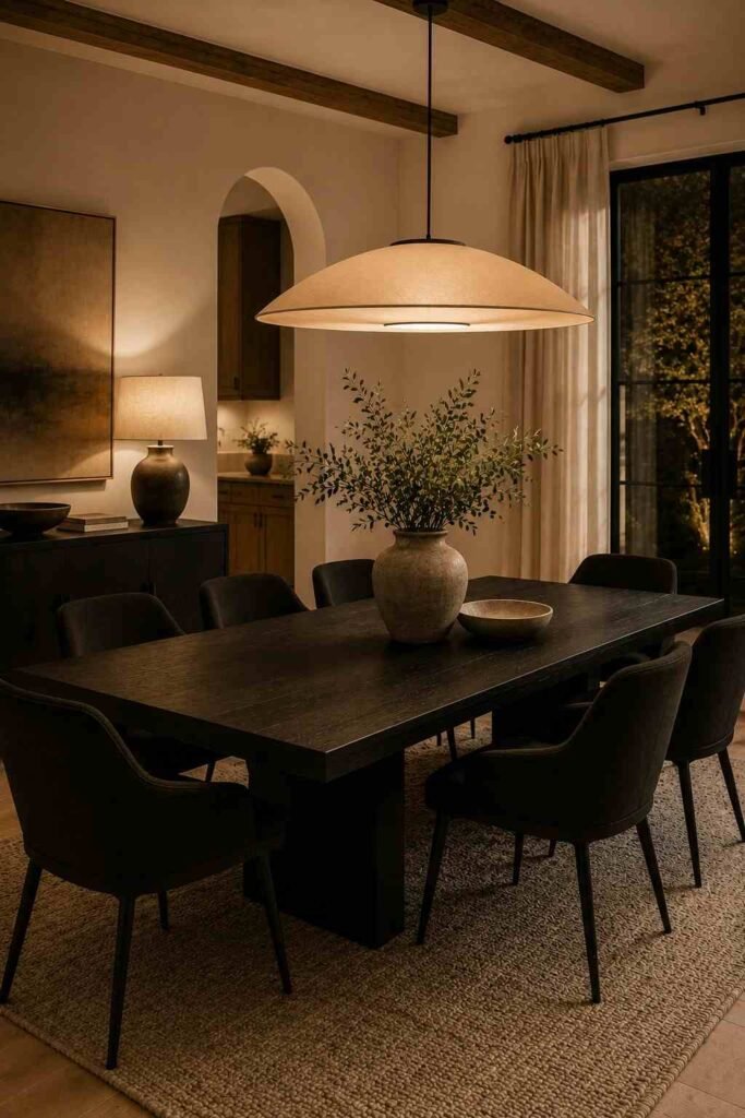 Modern black dining table paired with matching black chairs and soft neutral accents.