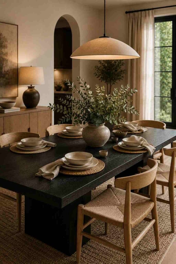 Black dining table decorated with eucalyptus, olive branches, ceramic tableware, and natural textures.
