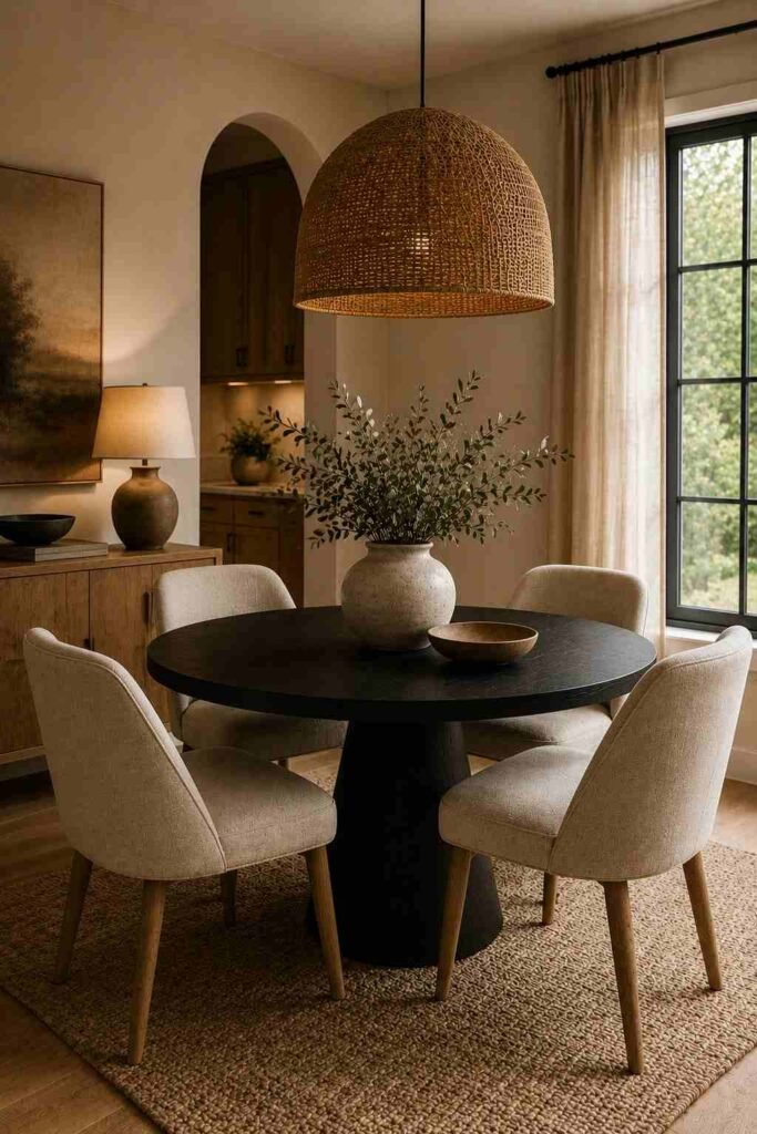 Round black dining room table with oatmeal chairs in a cozy and elegant small dining space.