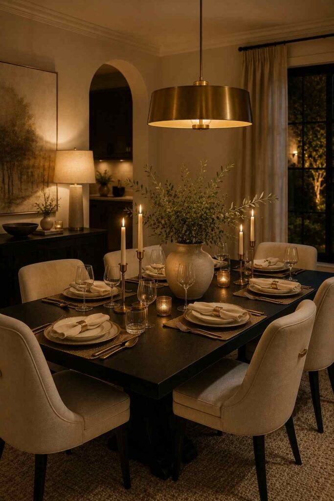 Elegant black dining table styled with cream chairs, brushed brass lighting, and subtle gold accents.