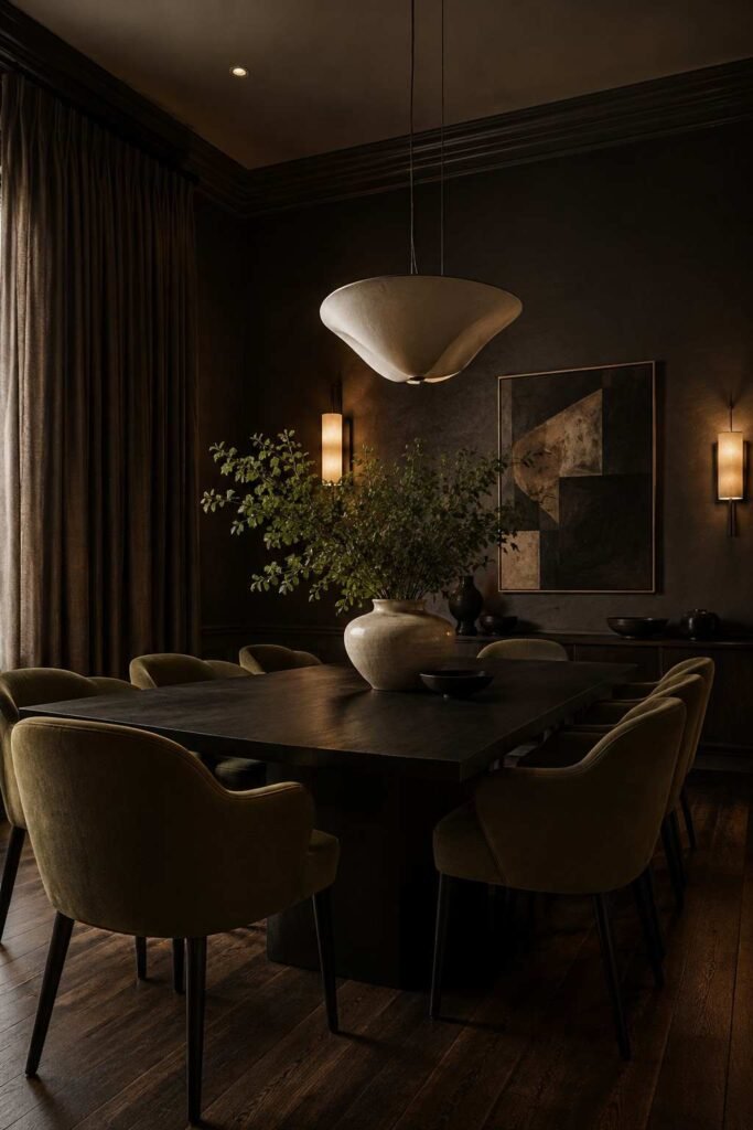 Moody dining room with a black dining table, charcoal walls, olive chairs, and warm layered lighting.
