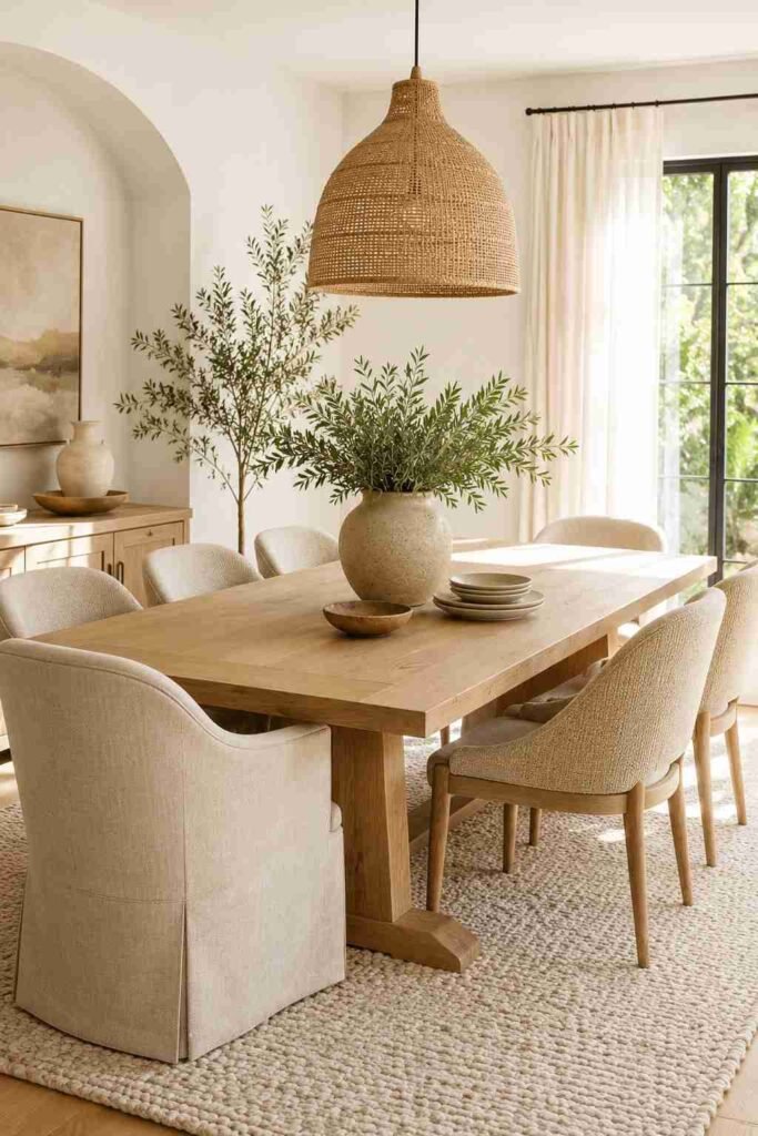Light wood dining table with neutral upholstered chairs in a bright and inviting dining room.