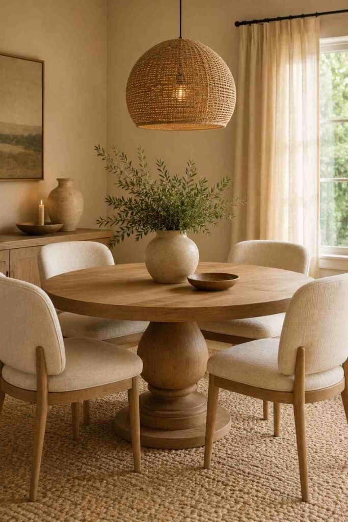 Round dining table with cream chairs creating a cozy and intimate dining space.