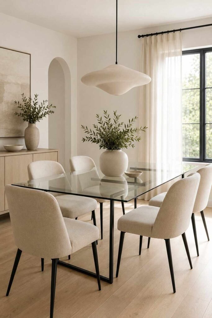 Modern glass dining table with slim black legs and elegant neutral dining chairs.