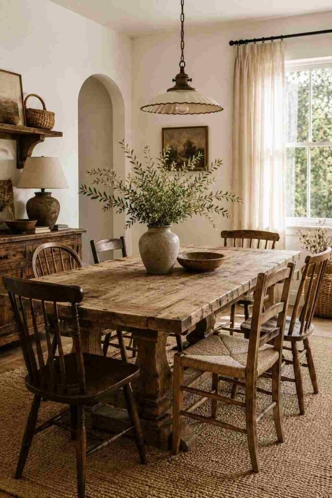 Rustic farmhouse dining room with a reclaimed wood table, mismatched chairs, and natural decor.