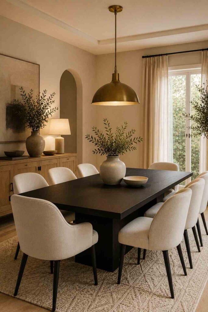 Black dining room table paired with cream chairs, brass lighting, and warm neutral decor.