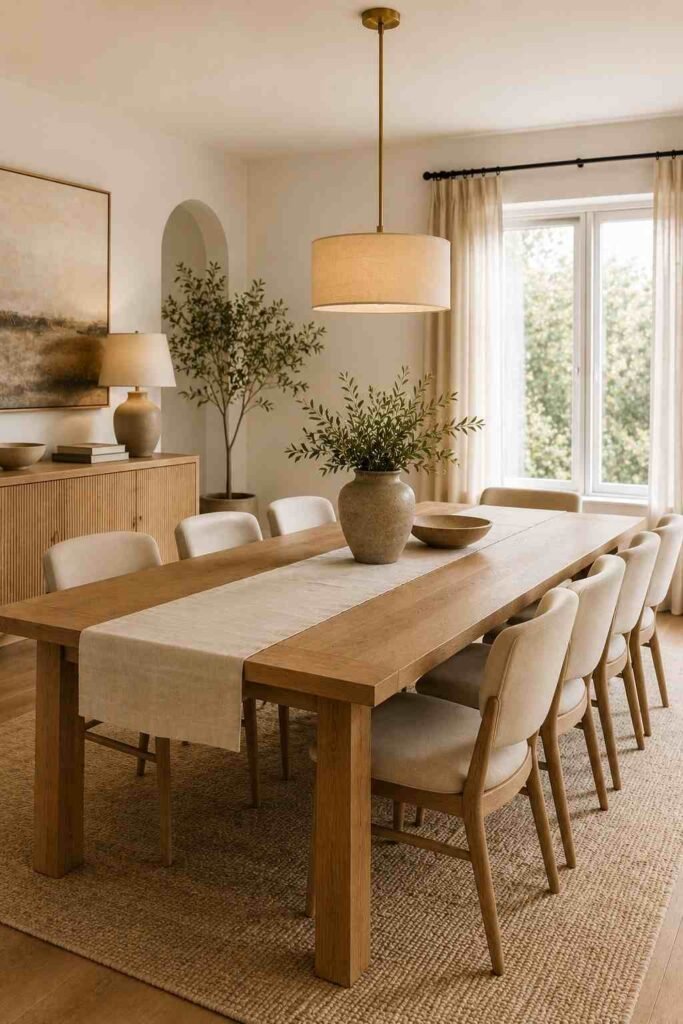 Extendable oak dining table styled for flexible everyday dining and entertaining.