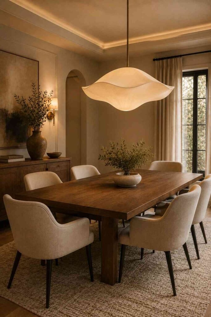 The dining table is styled beneath a dramatic statement pendant light in an elegant interior.