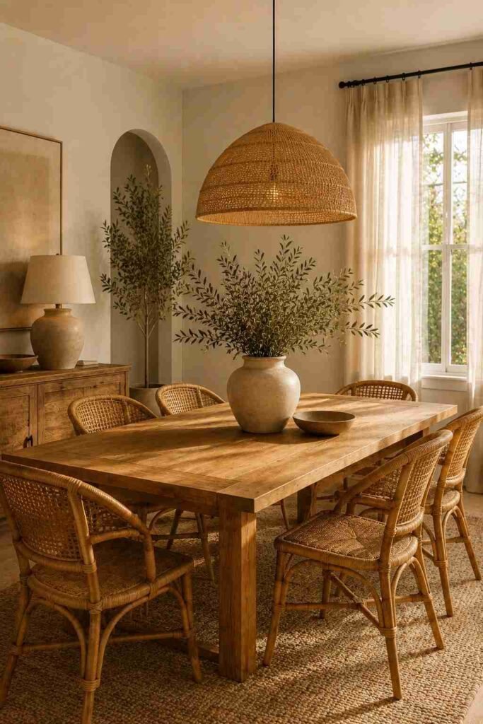 Natural wood dining table with woven rattan chairs and warm organic decor.