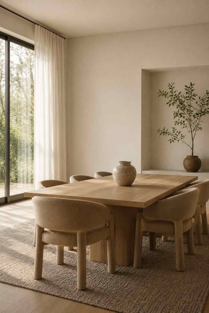 Minimalist dining table with simple chairs and understated neutral decor.