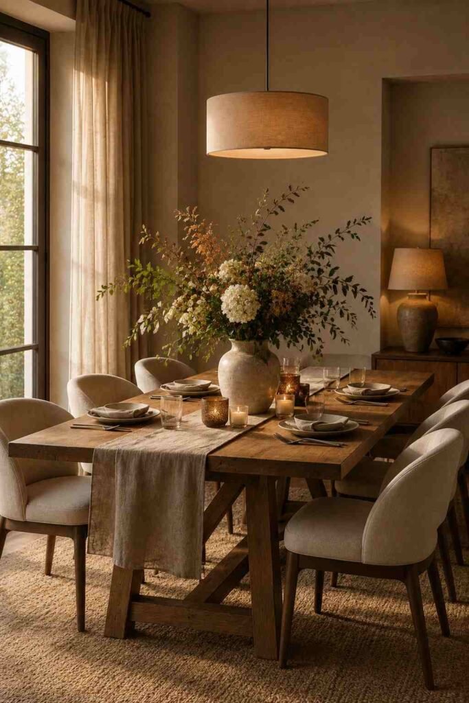 Dining table decorated with a beautiful seasonal centerpiece, linen runner, and neutral tableware.