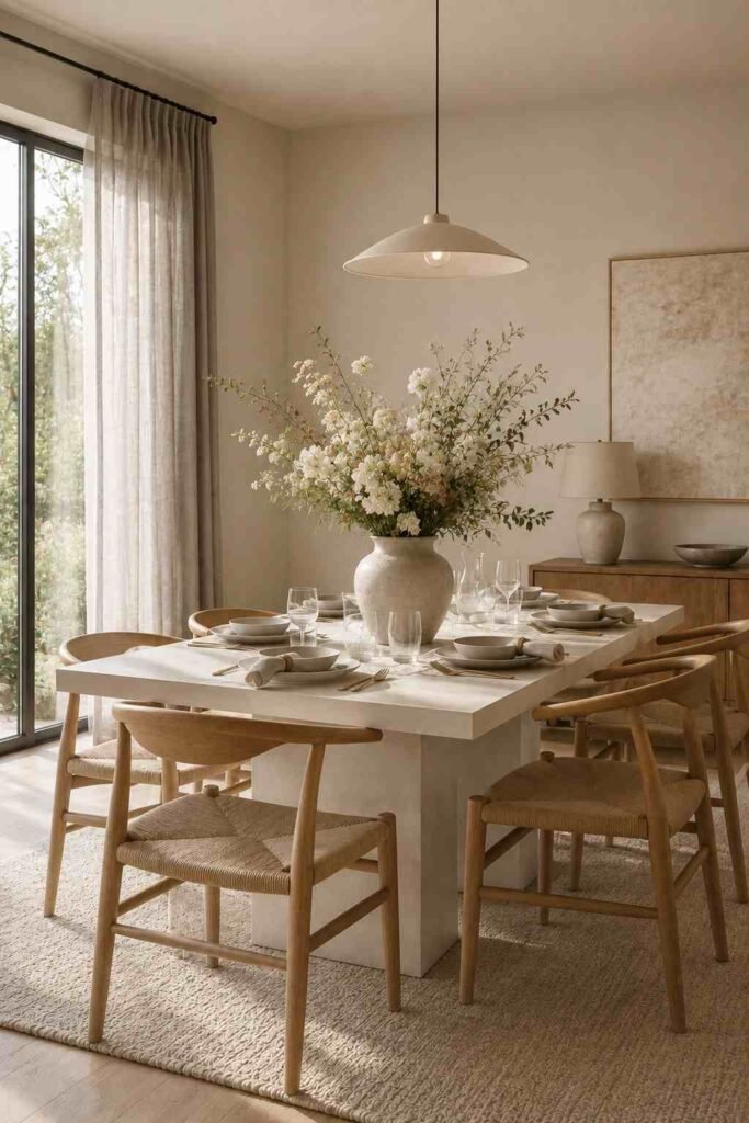 White dining table paired with natural wooden chairs in a bright neutral dining room.