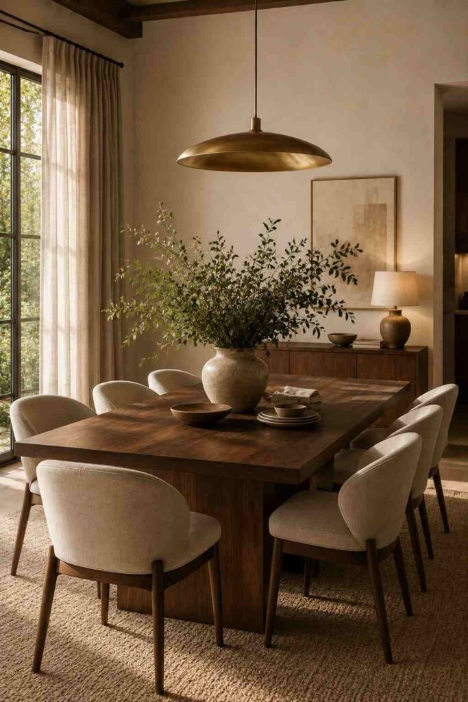 Dark walnut dining table with oatmeal upholstered chairs and warm brass lighting.