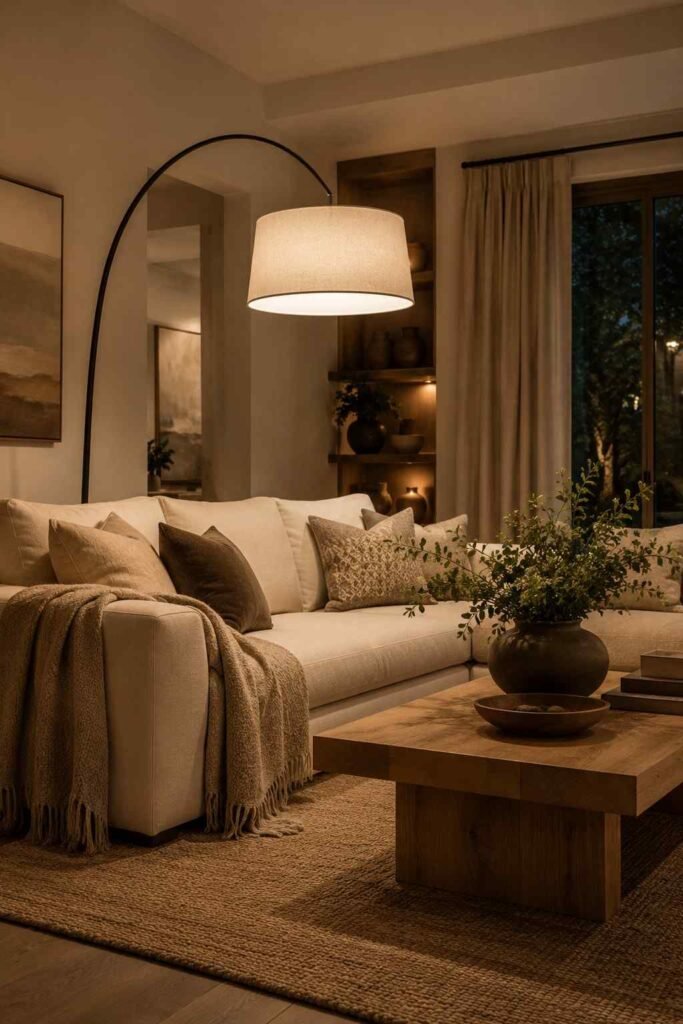Arc floor lamp positioned behind a cream sofa in a stylish modern living room.
