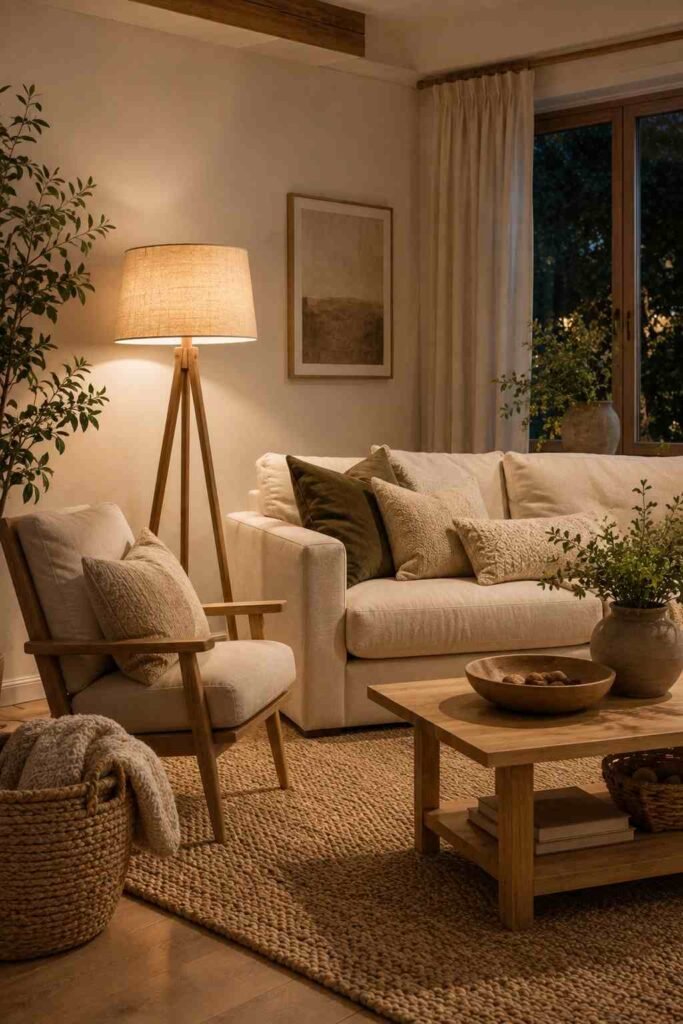 Wooden tripod floor lamp with a linen shade beside an accent chair in a cozy living room.
