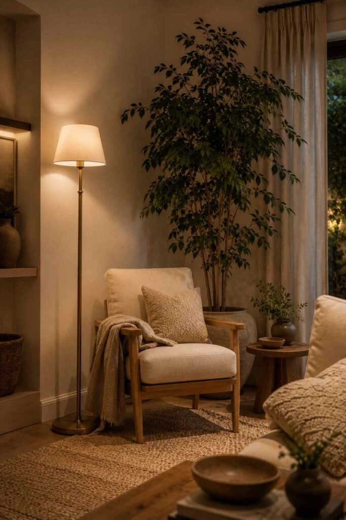  Tall floor lamp illuminating a cozy living room corner beside an accent chair and plant.
