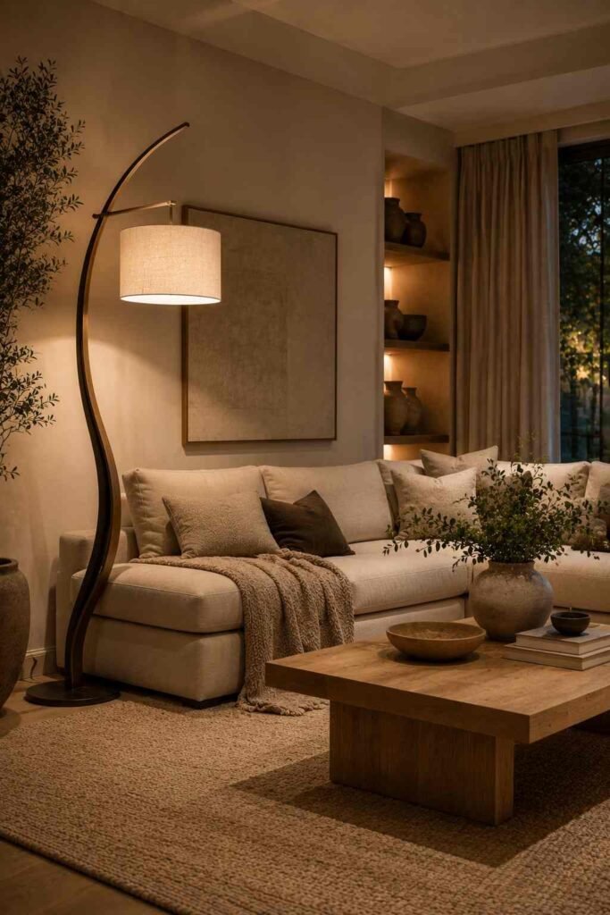 Sculptural floor lamp creating a stylish statement in a modern neutral living room.

