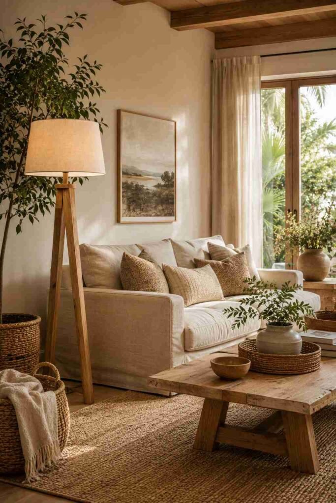  Natural wooden floor lamp styled with earthy decor, linen furniture, and greenery.