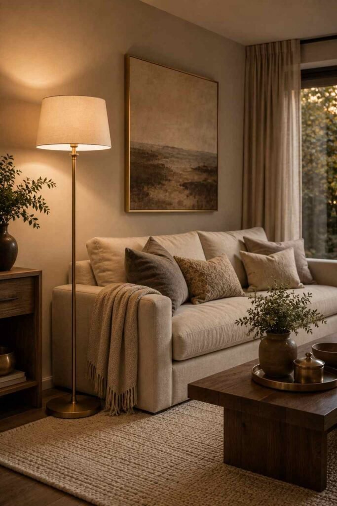  Brass floor lamp beside a neutral sofa in a warm and elegant living room.

