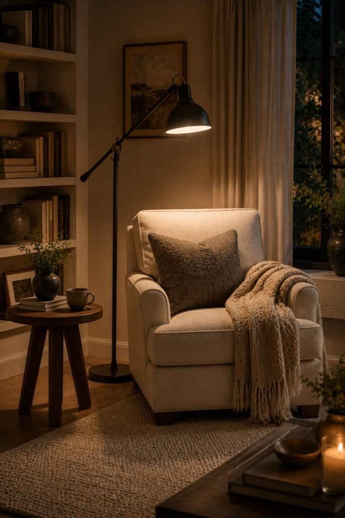  Adjustable reading floor lamp beside a comfortable armchair and bookshelf in a cozy living room.
