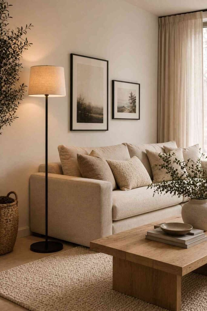  Black minimalist floor lamp with a cream shade beside a light neutral sofa.
