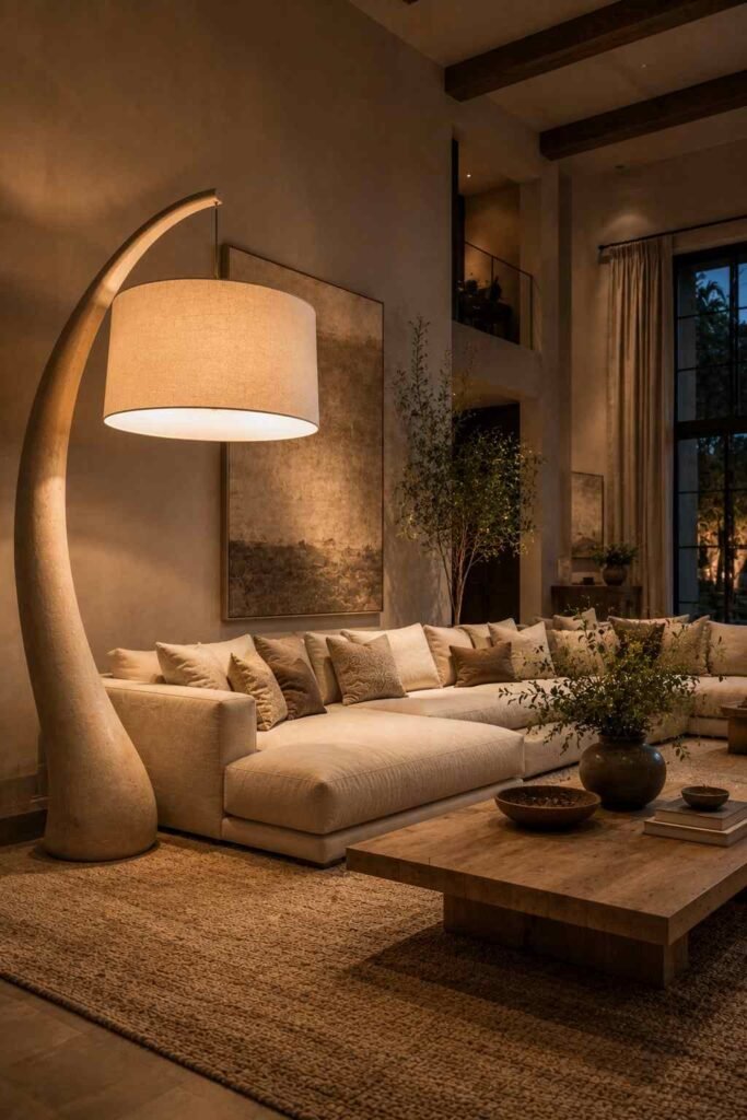  Oversized floor lamp making a dramatic statement beside a large sectional sofa.
