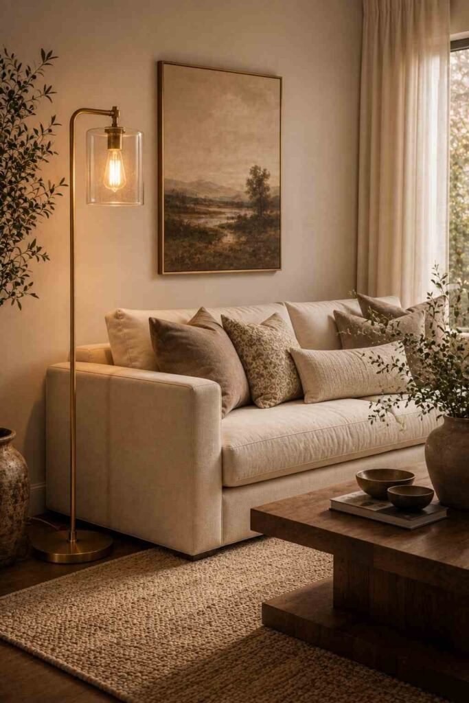 Glass and brass floor lamp beside a cream sofa in an elegant contemporary living room.
