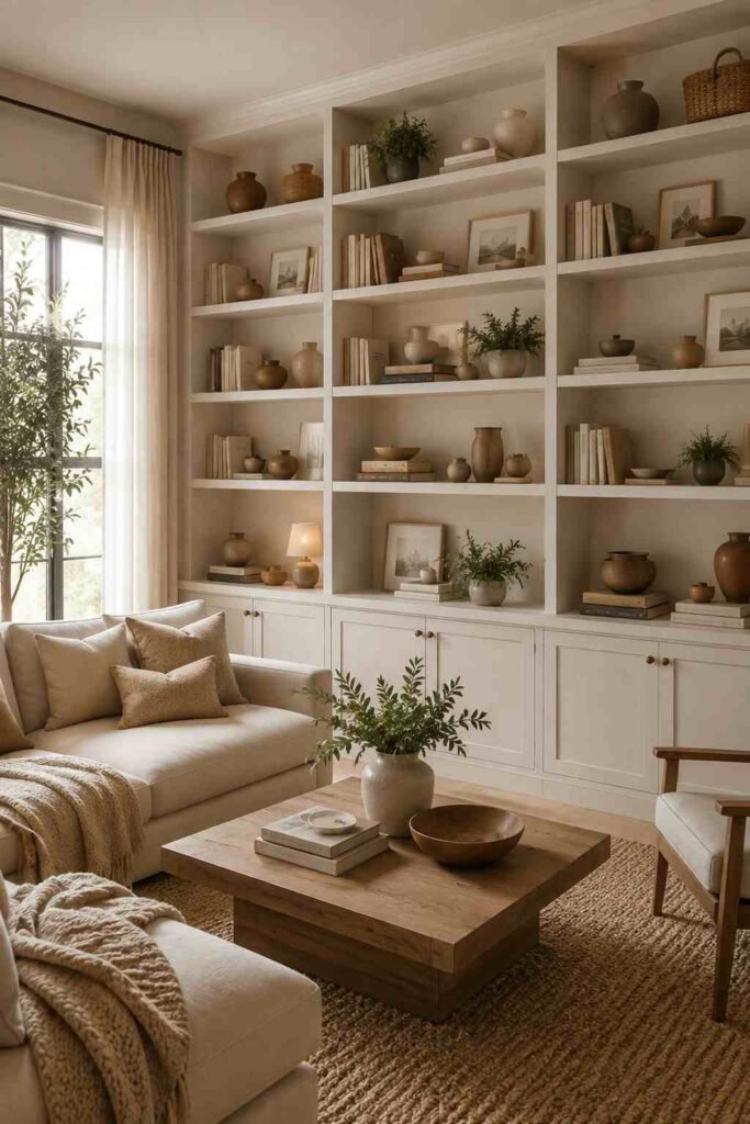  Floor-to-ceiling built-in shelves styled with books, artwork, baskets, ceramics, and greenery.
