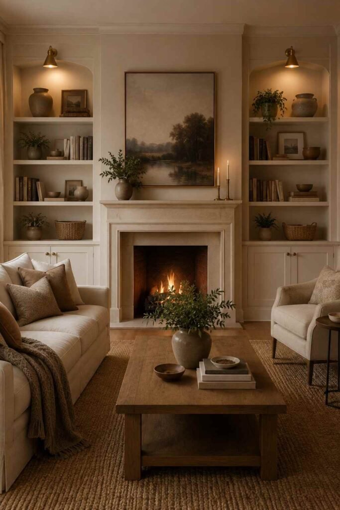  The living room fireplace is surrounded by symmetrical built-in shelves with warm neutral decor.
